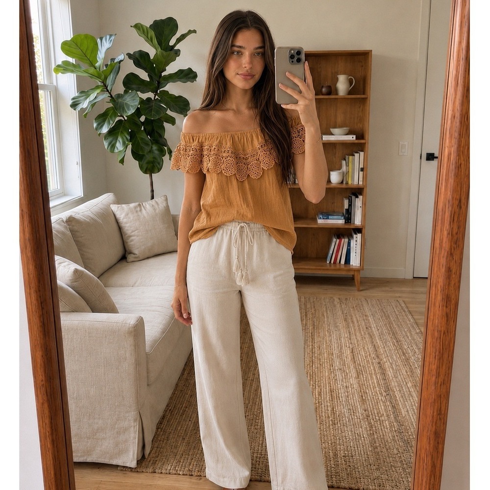 Ivy Ridge Women Lace Off Shoulder Top S Mustard Yellow Boho Gauze Cottage Summer